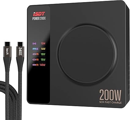 ISDT Power 200X 200W USB C Desktop Charging Station - 4+1 Ports Compatible with MacBook Pro/Air, iPad, iPhone, Galaxy, Pixel(with Power Adapter, with Magnetic Charging Function)