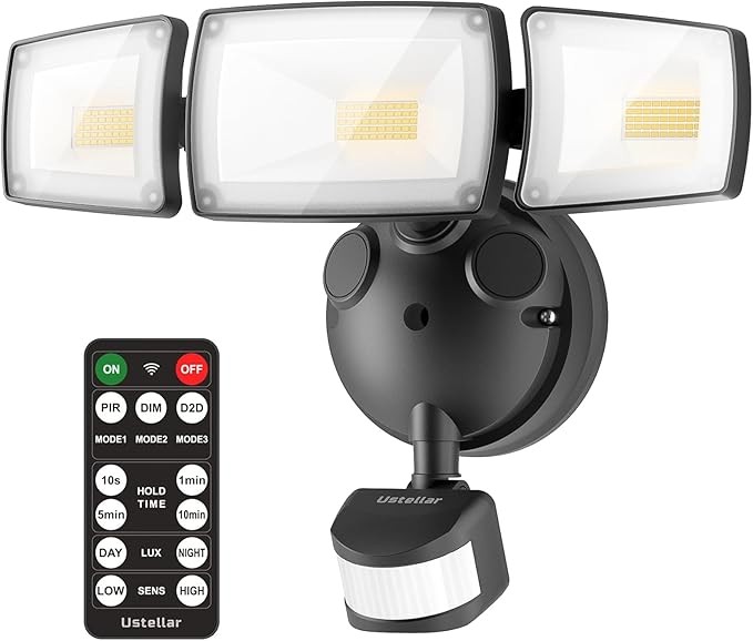 USTELLAR 55W LED Security Lights Motion Sensor Light Outdoor with Remote Control, Dusk to Dawn LED Flood Lights 5500LM 5000K, IP65 Waterproof, Exterior Flood Light for Garage, Yard, Eave-1 Pack Black