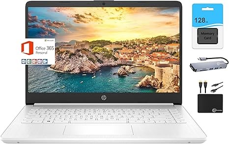 HP New 14" HD Light Thin Laptop Student Business, Quad-Core Intel N4120, 8GB RAM, 192GB (64GB eMMC+ 128GB Card), Webcam, Wi-Fi, Long Battery, Windows 11S + 1 Year Office 365, White+MarxsolAccessory