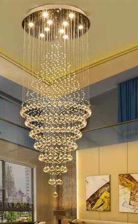 Modern Luxury LED Crystal Chandelier Lamp Stair Lights Droplight Double Entry Long Circular Crystal Lighting Lobby Chandelier