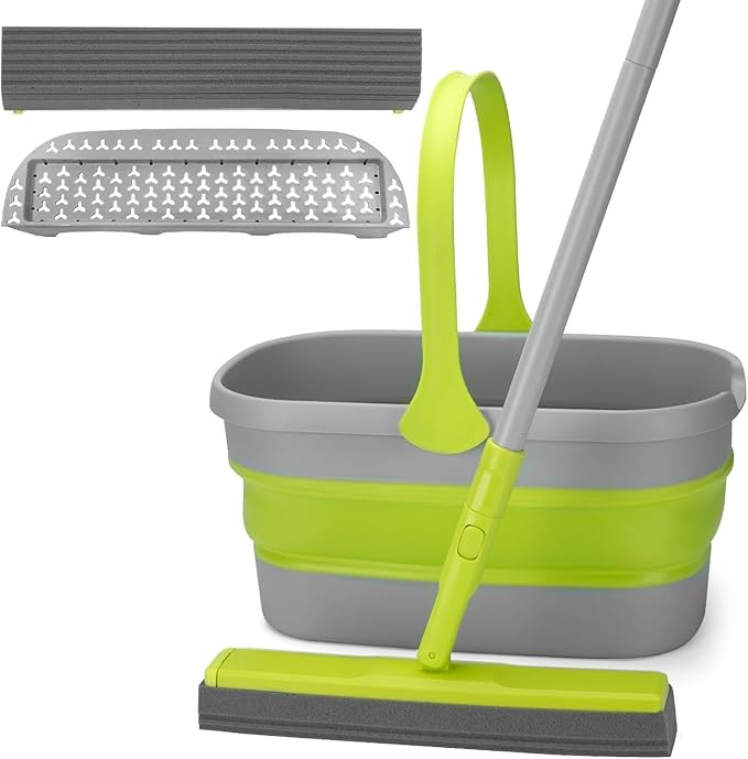 Mop and Collapsible Bucket with Wringer Set and Replaceable Mop Pads for Home Cleaning, Foldable Bucket and Sponge Mop for Tile Hardwood Floor Cleaning, Mop and Bucket Set