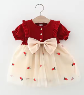 Baby Girl Newborn Clothes Cotton Red Short Sleeve Mesh Dress Baby Girl Korean Style Sweet Birthday Dress for Kids Girl