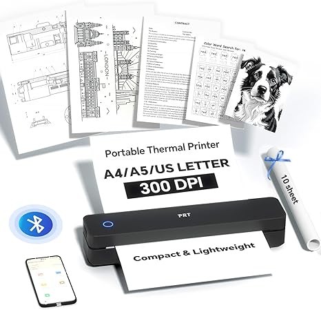 PRT Portable Printer Wireless for Travel, Bluetooth Thermal Printer Support 8.5" X 11" US Letter A4 A5, Compatible with iPhone, Android & Laptop, Inkless Printer for Office, Home, School, Black