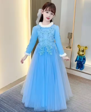 Fashion Children Evening Dresses Mesh Lace Long Sleeve Warm Girls Princess Dress Winter Kids Bridesmaid Dresses 4-14 Years