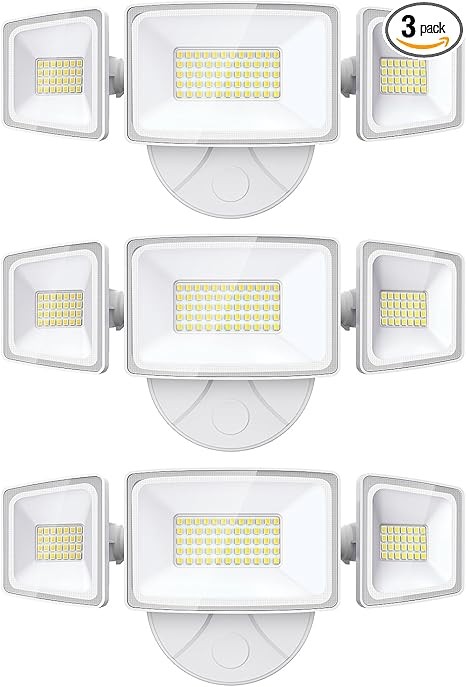 Onforu 3 Packs 60W LED Security Light, 6000LM Outdoor Flood Lights Fixture with 3 Adjustable Heads, IP65 Waterproof, 6500K White Brightness Exterior Wall Mount Security Light for Eave, Yard(White)