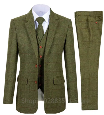 3 Piece Men's Suits Bussiness Formal Notch Lapel Groomsmen Woolen Plaid Tuxedos for Party Activities Wedding (Blazer+Vest+Pant)