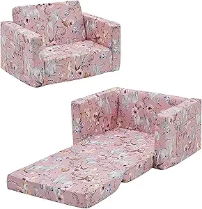 Ulax furniture Kids Convertible Sofas Children Flip-Out Sofa - 2-in-1 to Lounge Chair (Pink Unicorn)