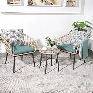 Yangming 3 Piece Patio Furniture Outdoor Conversation Bistro Set with Tempered Coffee Table and Wicker Chairs for Garden Balcony Backyard Yard Poolside, Green (QX-MA-WF-001)