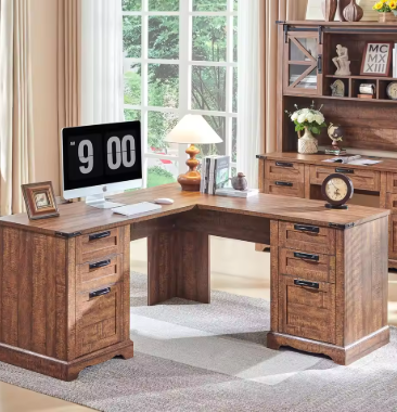60" Farmhouse L Shaped Executive Desk with Drawers, Wood Home Office Corner Desk with Charging Station, File Drawer