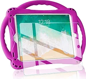 TopEsct Kids Case for iPad 6th/5th Generation, Silicone Shockproof Case for New iPad 2017/2018 9.7 inch with Tempered Glass Screen Protector and Strap, Cover for iPad Air & Air 2