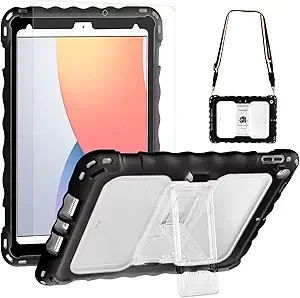 TopEsct iPad 9th/8th/7th Generation Case, iPad 10.2 Case for Kids with Portable Shoulder Strap, PET Screen Protector & Shockproof Silicone