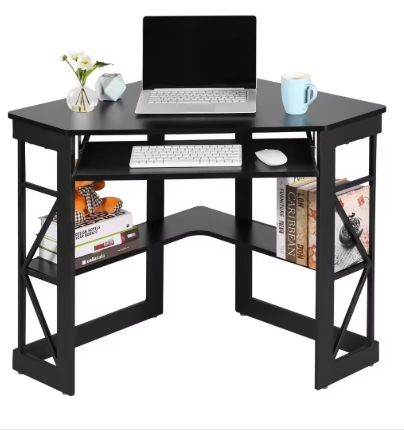 Corner Computer Desk 41 x 30 inches with Smooth Keyboard & Storage Shelves for Home Office Workstation, Black