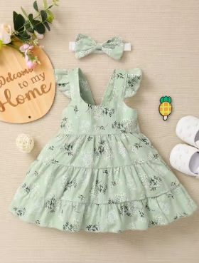 Summer baby girl green fashionable printed camisole dress