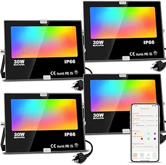 LED Flood Light Outdoor, 300W Equivalent 3000LM Smart RGB Landscape Lighting with APP Control, DIY Scenes - Timing - 5700K Daylight White -Color Changing Uplight, IP66 Waterproof US Plug MELPO(4 Pack)