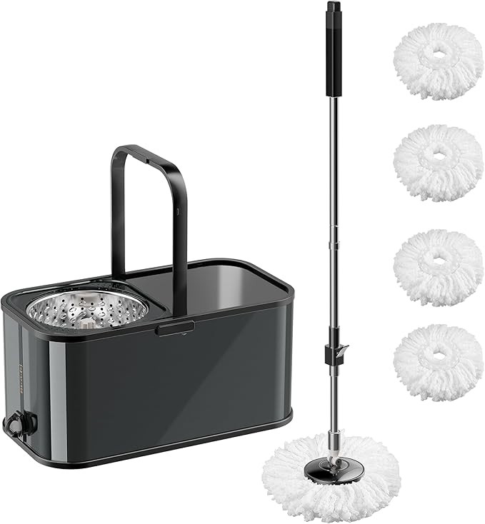 Trapeadores para Limpiar Piso, Stainless Steel 360° Spining Mop and Bucket Set for Cleaning with Extra Refills, Microfiber Floor Cleaner Adjustable Mop Handle (Square Balck mop Set with 4 Pads)