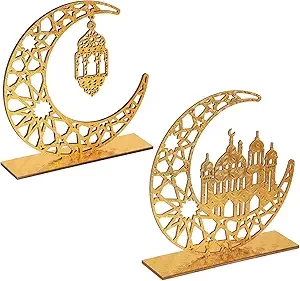 2 Pieces Wood Ramadan Decorations Islamic Eid Mubarak Kareem Table Sign Moon Hollow Star Ornament for Muslim Party Tabletop Decor Home Art Craft Decoration Golden Moon