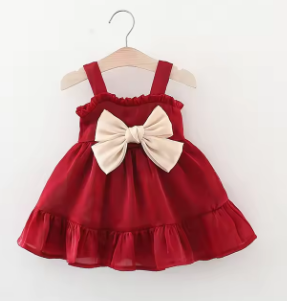 Girl's Summer Dress Sweet Hanging Strap Solid Color Big Bow Dress Suitable for Children Aged 80-110