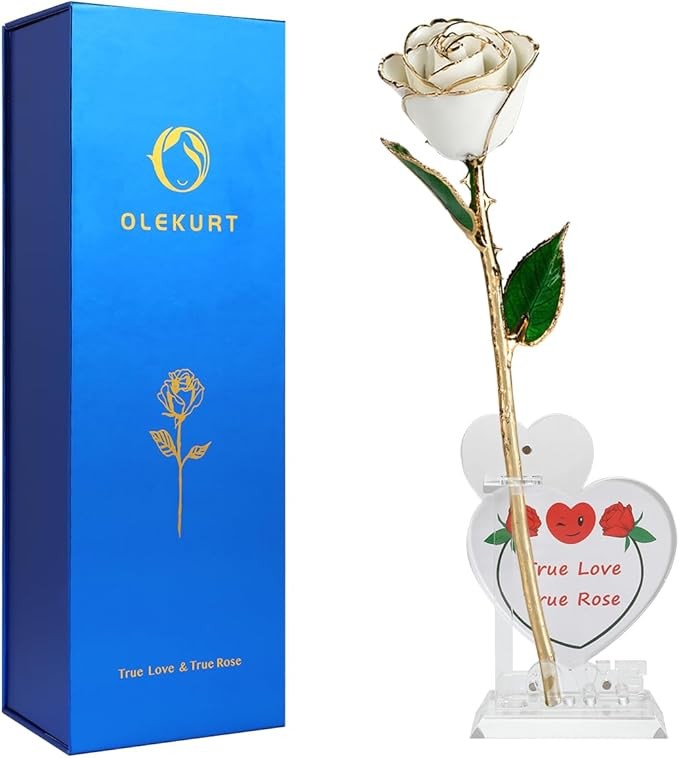 24K Gold Rose - Valentines Day Real Rose Dipped 24K Gold, Best Rose Gift for Her Wife Mom Anniversary Birthday（White Rose with Love Stand）