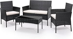 MoNiBloom 4 Pieces Patio Furniture Sets, Non Slip Foot Pads Wicker Rattan Sofa Chair with Soft Cushions and Sturdy Coffee Table for Backyard Porch Garden Poolside Balcony, Capacity 250 lbs, Black