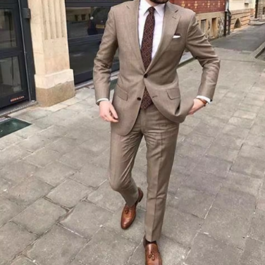 Slim Khaki Men Suits Two Pieces Summer Fashion Notch Lapel Single Breasted Outfits Chic Business Causal Wedding Set