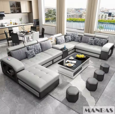 Linlamim Fabric Sofa Set Furniture Living Room Sofa Set with USB and Stools / Big U Shape Cloth Couch Sofas for Home Furniture