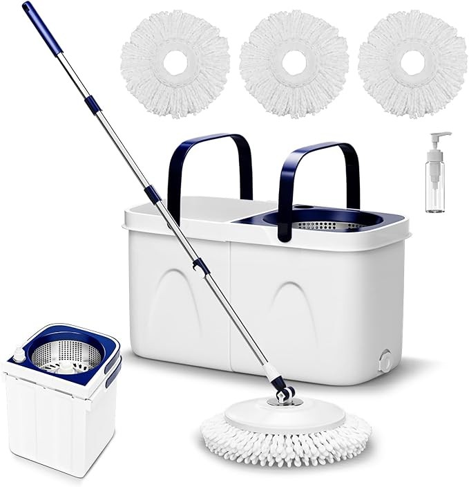 Spin Mop and Bucket with Wringer Set, Mop Bucket System Separate Clean and Dirty Water,180° Spinning 3 Microfiber Replacement Mop Pad Heads Refill,Stackable Bucket,Adjustable Handle for Floor Cleaning
