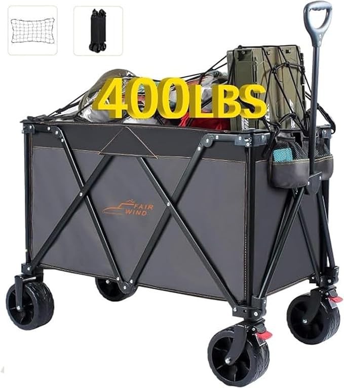 FAIR WIND 280L Collapsible Foldable Wagon Cart, 400LBS Capacity Extended Height Wagon with Brakes＆Cargo Net, Heavy Duty with Big All-Terrain Wheels for Camping Beach Sports Shopping